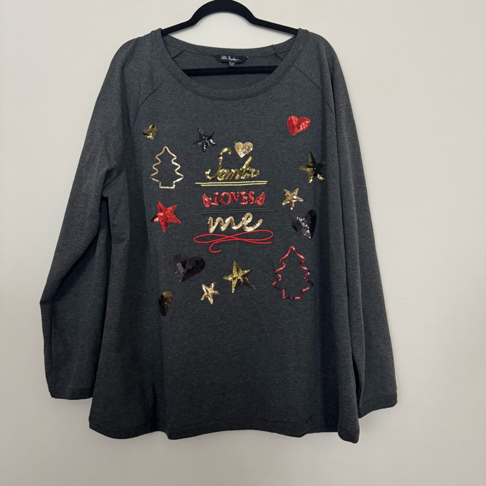 Ulla Popken Holiday Graphic Sweatshirt Size 20/22 Gray Christmas